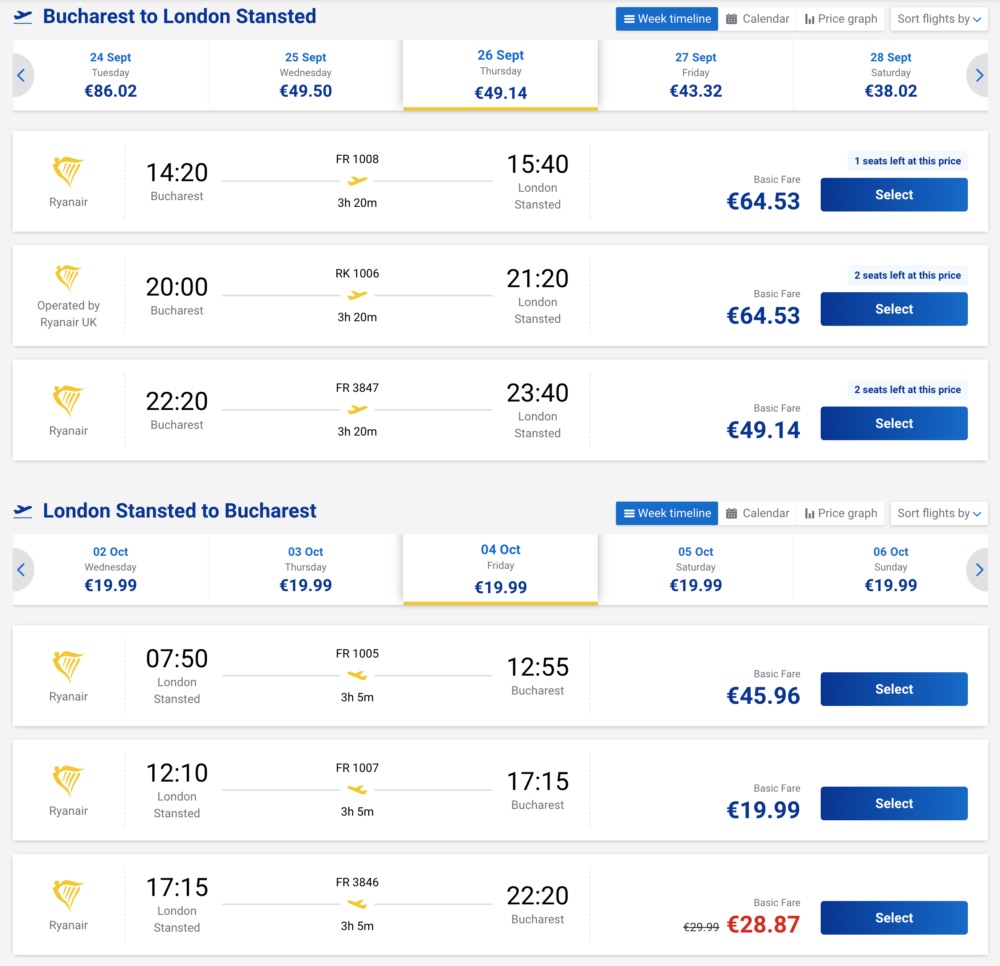 Ryanair Zboruri București - Londra Stansted. Orar și prețuri. Exemplu